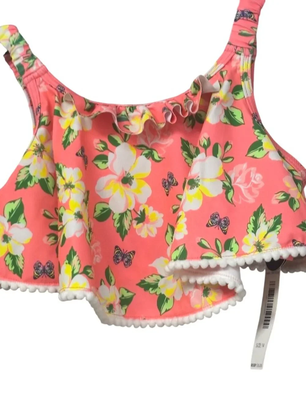 Nicole Miller Girls Floral Ruffle Bikini Top Swimwear With Pom Pom Trim Size 14